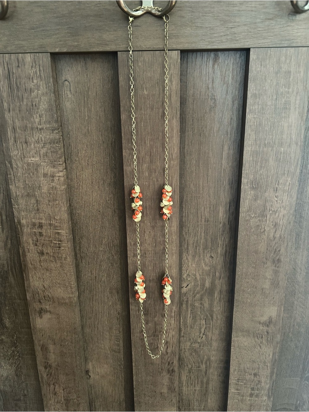 Women’s Statement Gold-Tone Long Necklace with Coral Orange Bead Clusters
